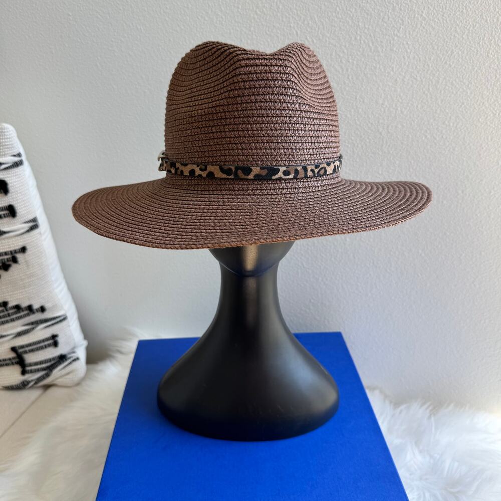 Mocha Brown Braided Straw Fedora Sun Hat Adjustable Leopard Band